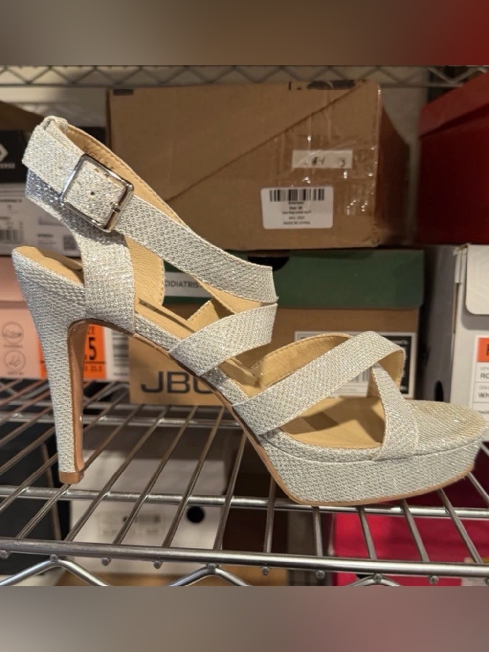 IDIFU Women’s Strappy Heeled Sandals Silver Glitter Size 8.5 M US
